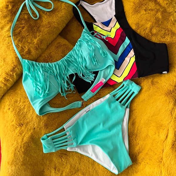 Victoria's Secret Green Mint Frost Scoop Neck Fringe Swim Padded Top NWOT S - Picture 8 of 9